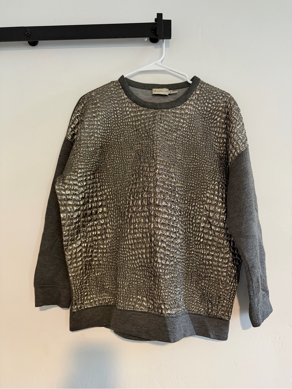 MONCLER Metallic Sweat Shirt Crew Neck XS Grey/Gold Foil CROC Embossed
